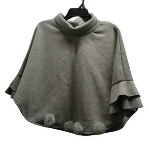 Sugar Women's One Size Heather Gray Pom Pom Ruffle Layered Sleeves Poncho Top